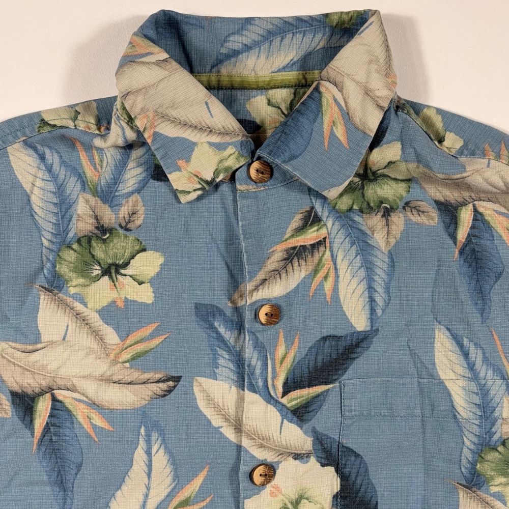 Tommy Bahama Button Up Mens Small Silk Blend Tropical Floral Blue Performance